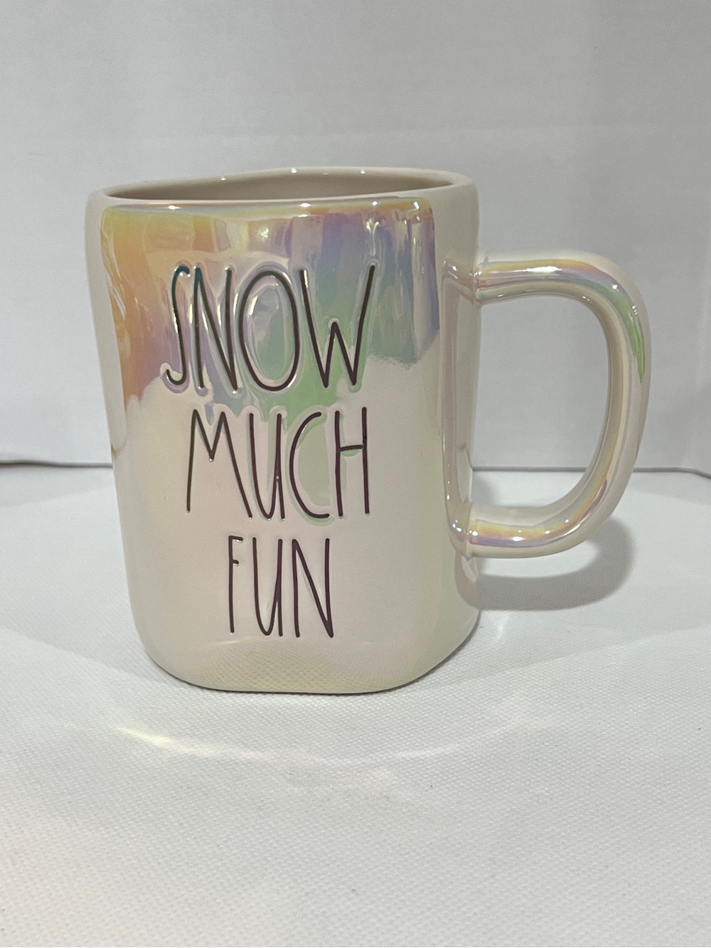 Rae Dunn Iridescent Mug ''SNOW MUCH FUN" Coffee Tea Holiday Ivory Black
